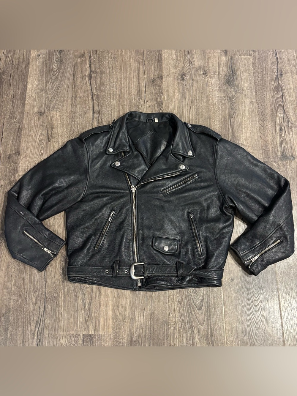 Roundtree & Yorke Black Leather Biker Motorcycle Jacket Men’s Large Heavy